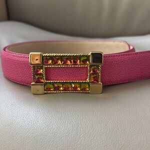 TERRY STACK Pink Leather Belt with colorful crystals